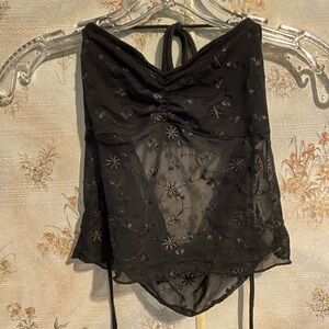 Black Sheer Halter Top with Star Embroidery
